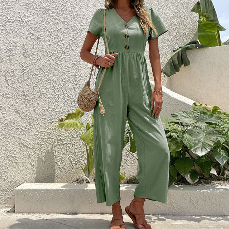 Kvinnors Linneblandning Jumpsuit med Bred Ben