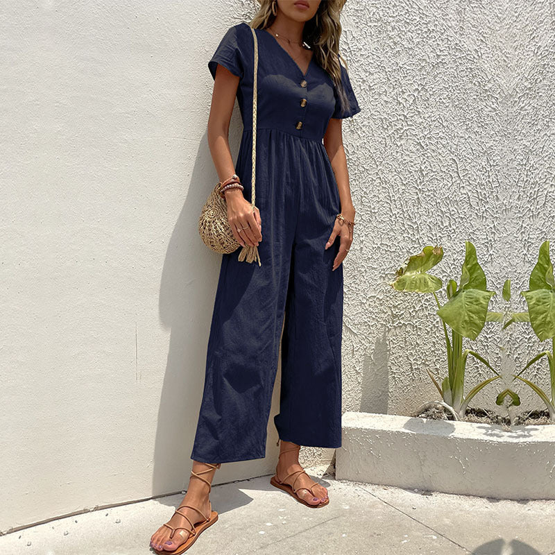 Kvinnors Linneblandning Jumpsuit med Bred Ben