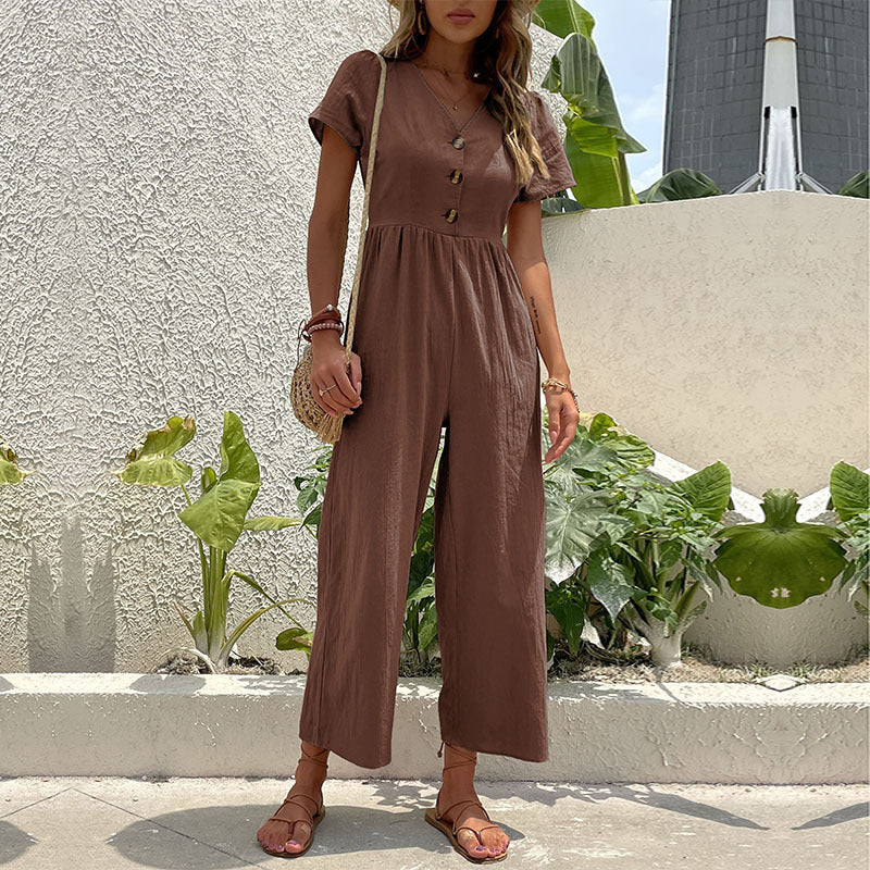 Kvinnors Linneblandning Jumpsuit med Bred Ben