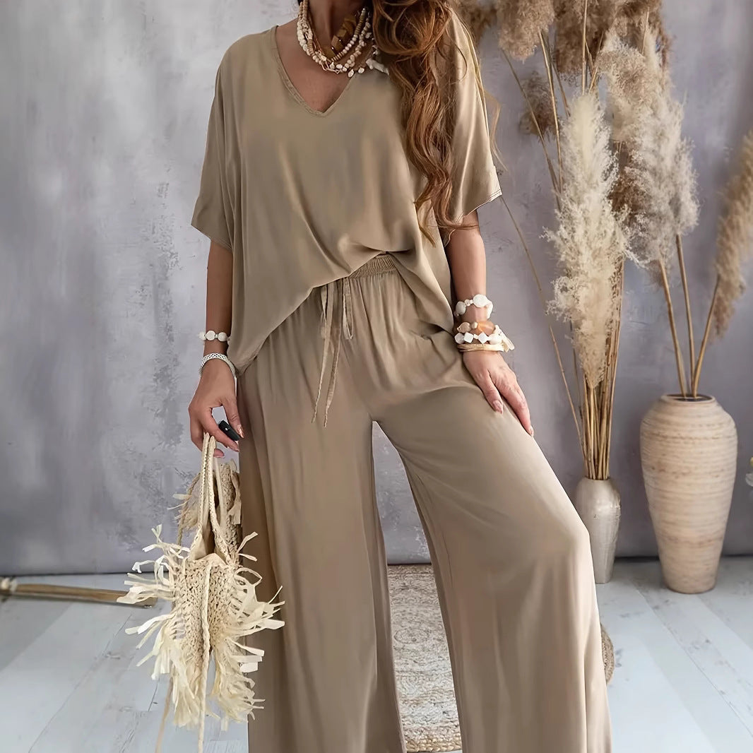 Kvinnors Lounge Set Mjuk V-Neck Topp och Bredbenbyxor