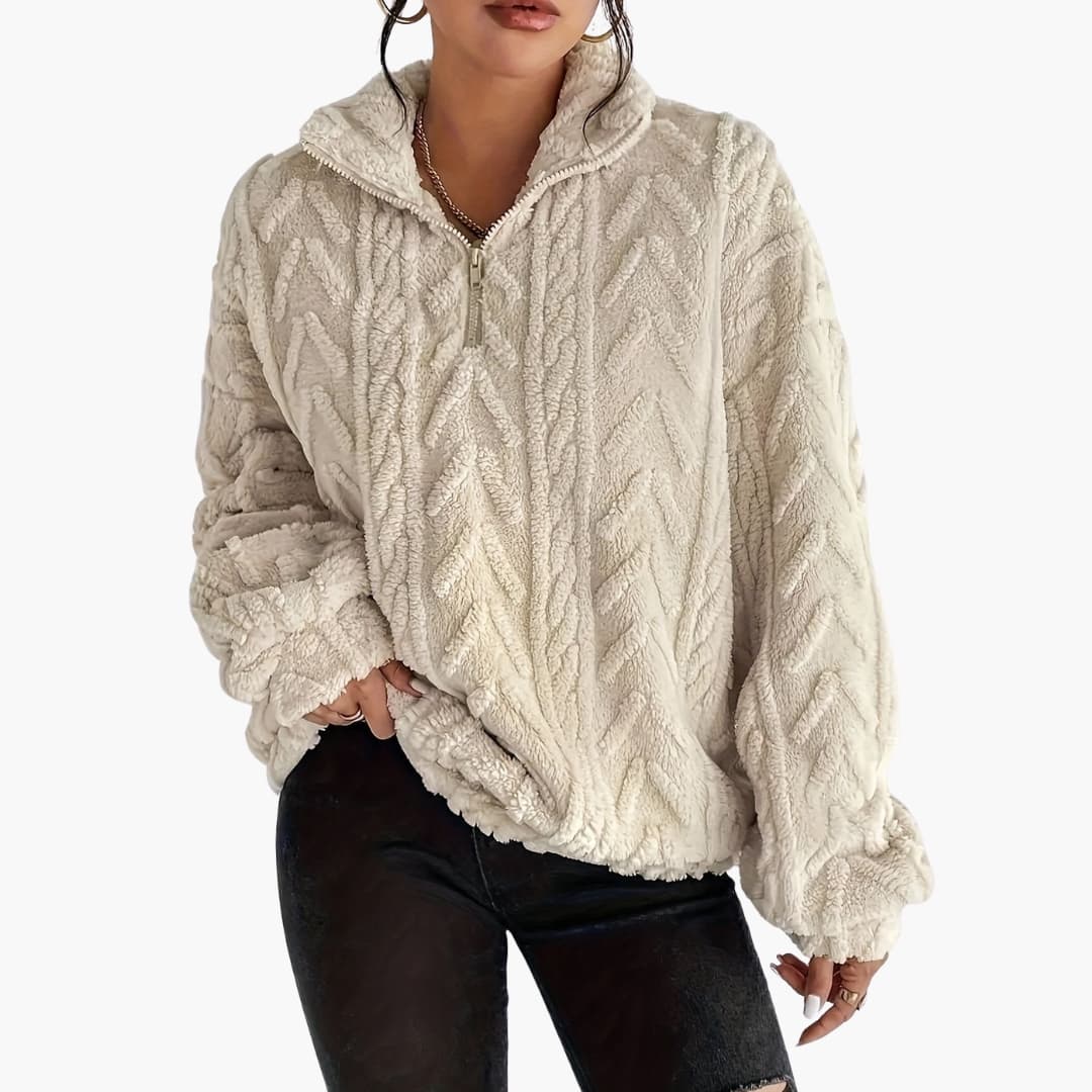 Kvinnors Fleece Tröja med Halv Zip och Kabelmönster 1