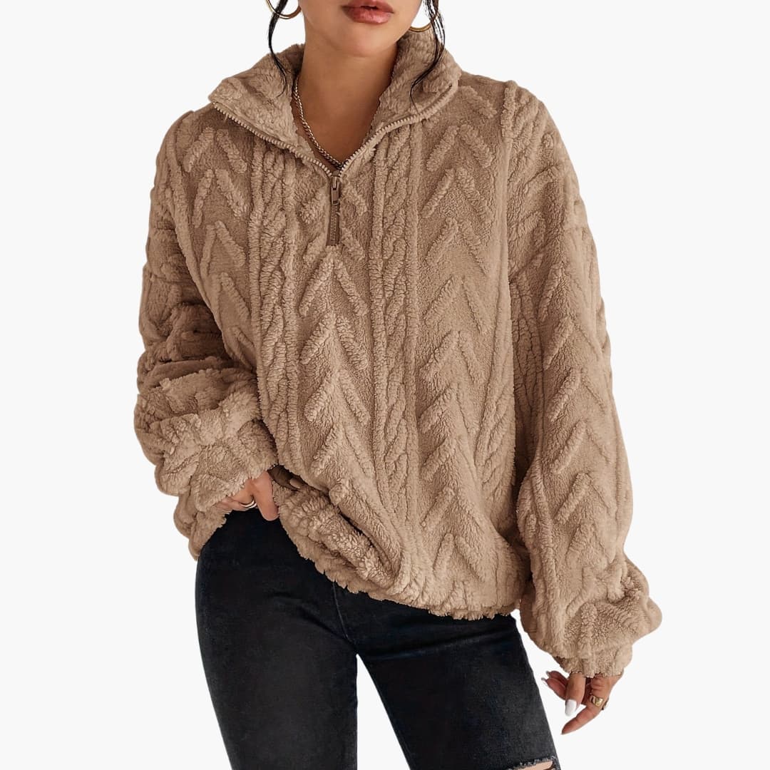 Kvinnors Fleece Tröja med Halv Zip och Kabelmönster 2