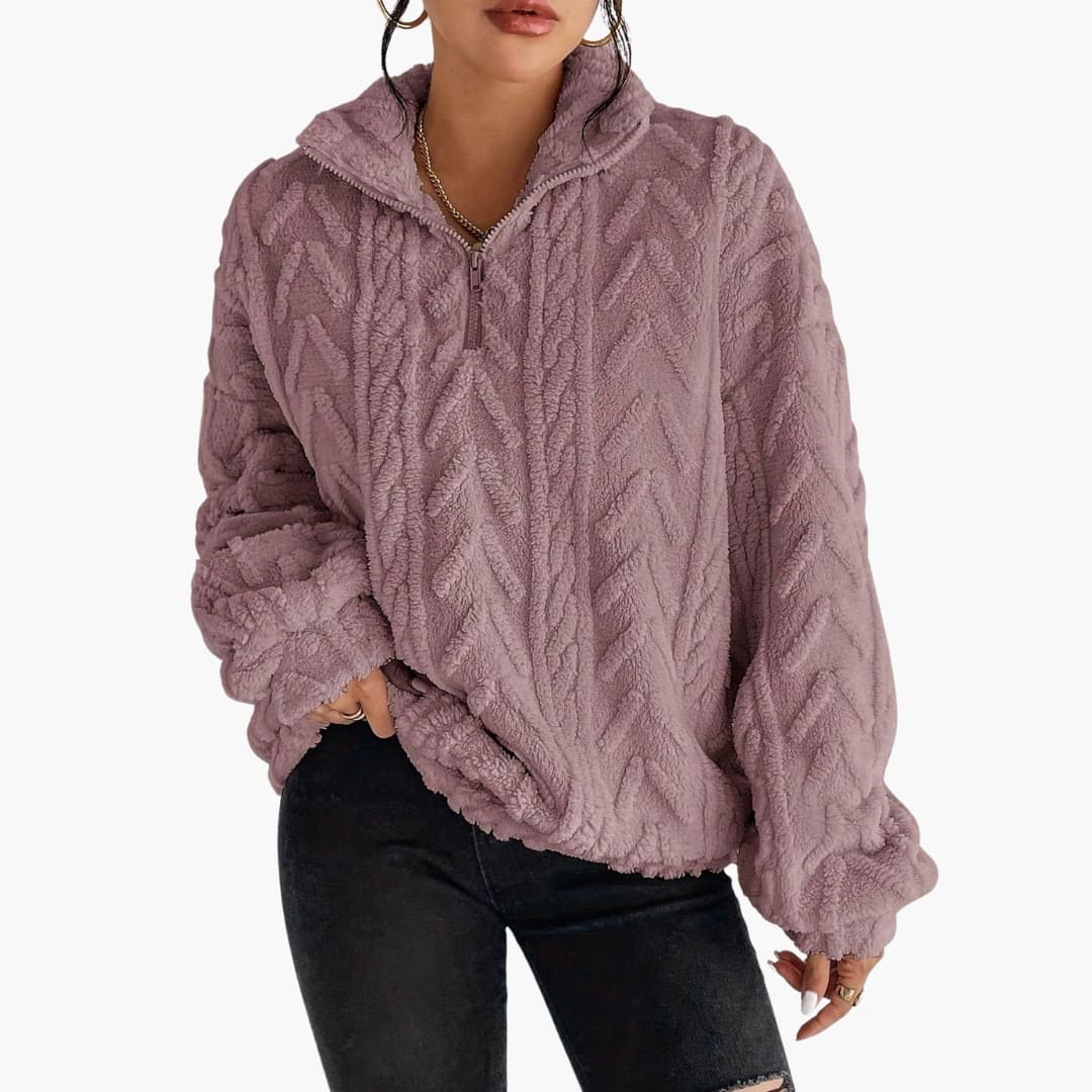 Kvinnors Fleece Tröja med Halv Zip och Kabelmönster 3