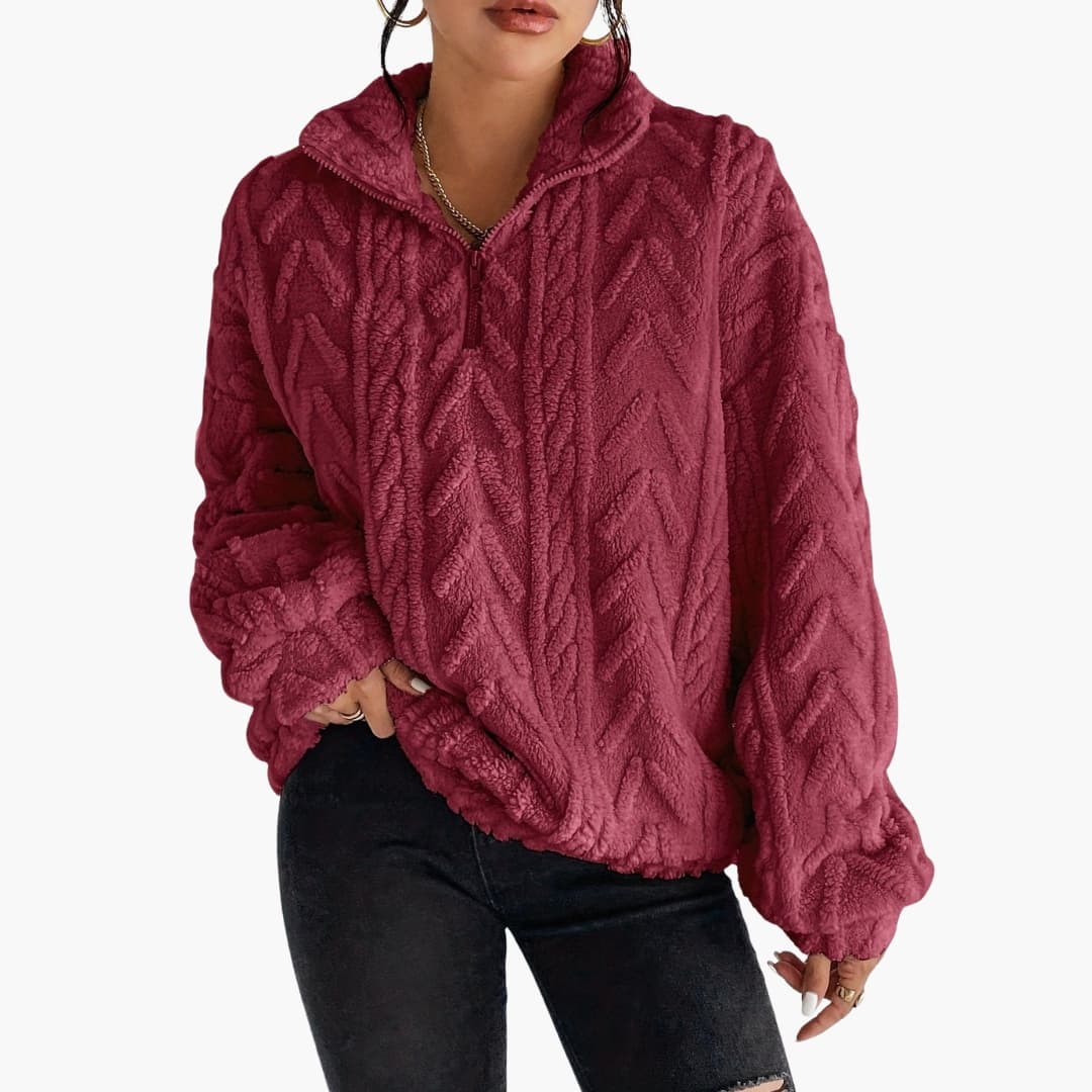Kvinnors Fleece Tröja med Halv Zip och Kabelmönster 4