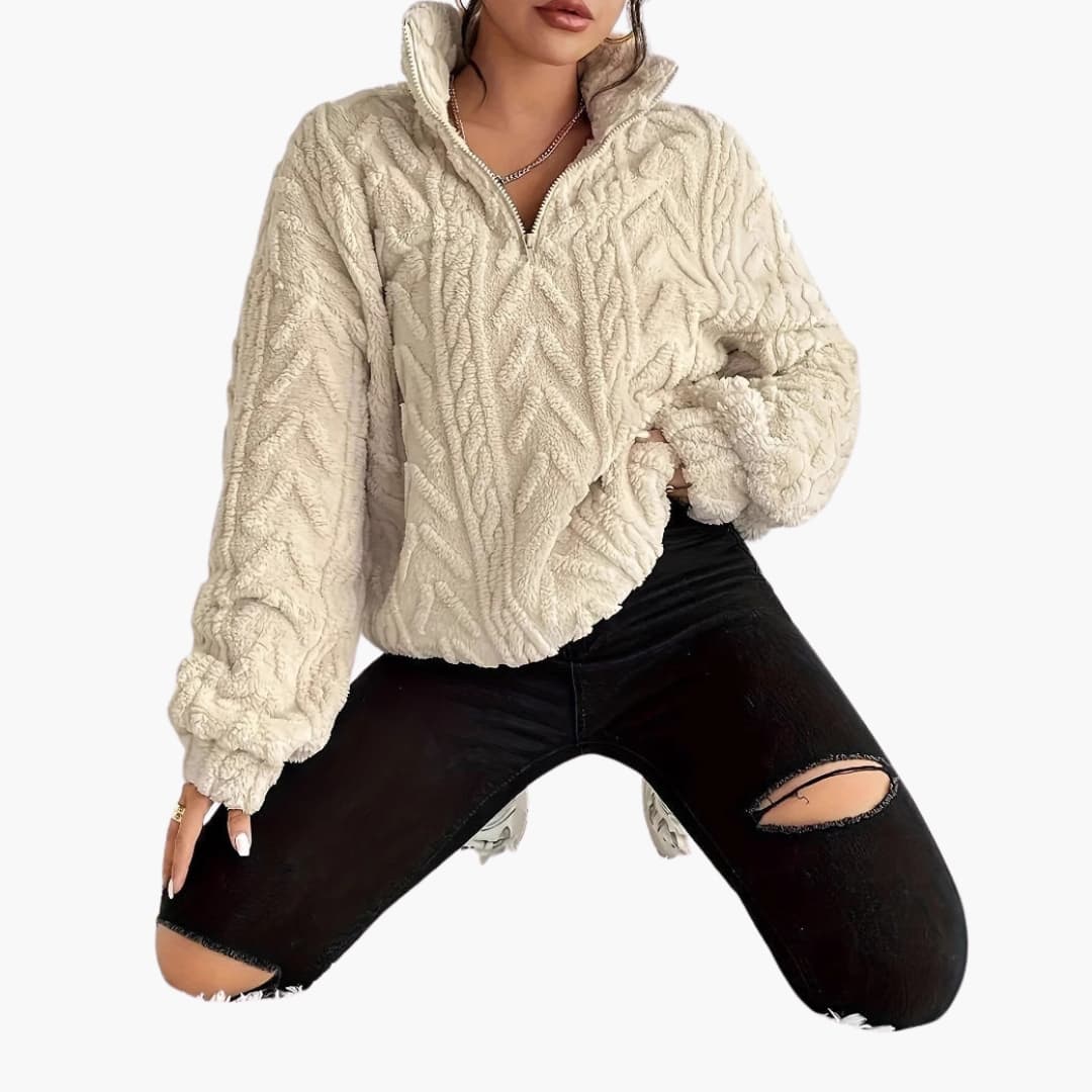 Kvinnors Fleece Tröja med Halv Zip och Kabelmönster 5
