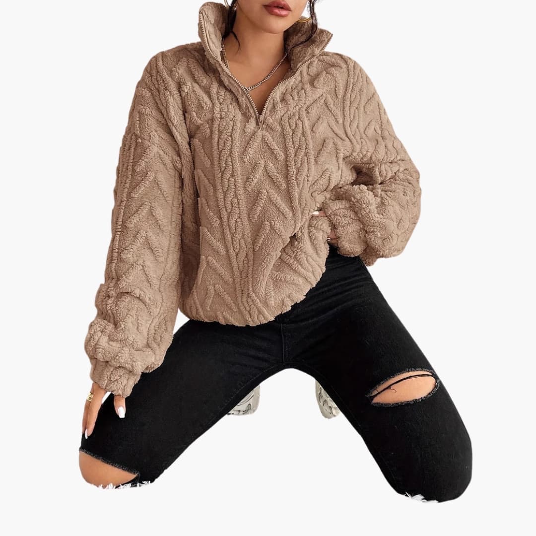 Kvinnors Fleece Tröja med Halv Zip och Kabelmönster 6