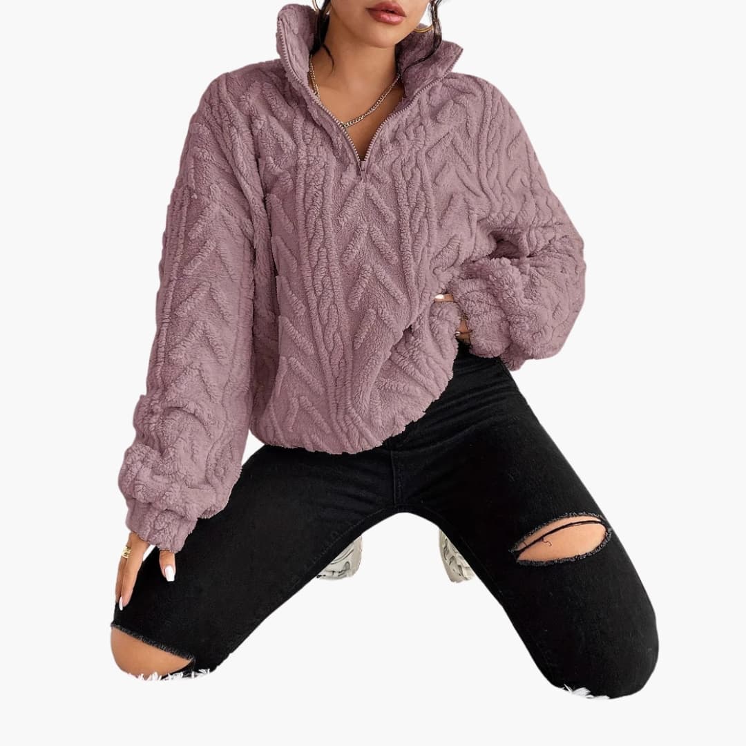 Kvinnors Fleece Tröja med Halv Zip och Kabelmönster 7