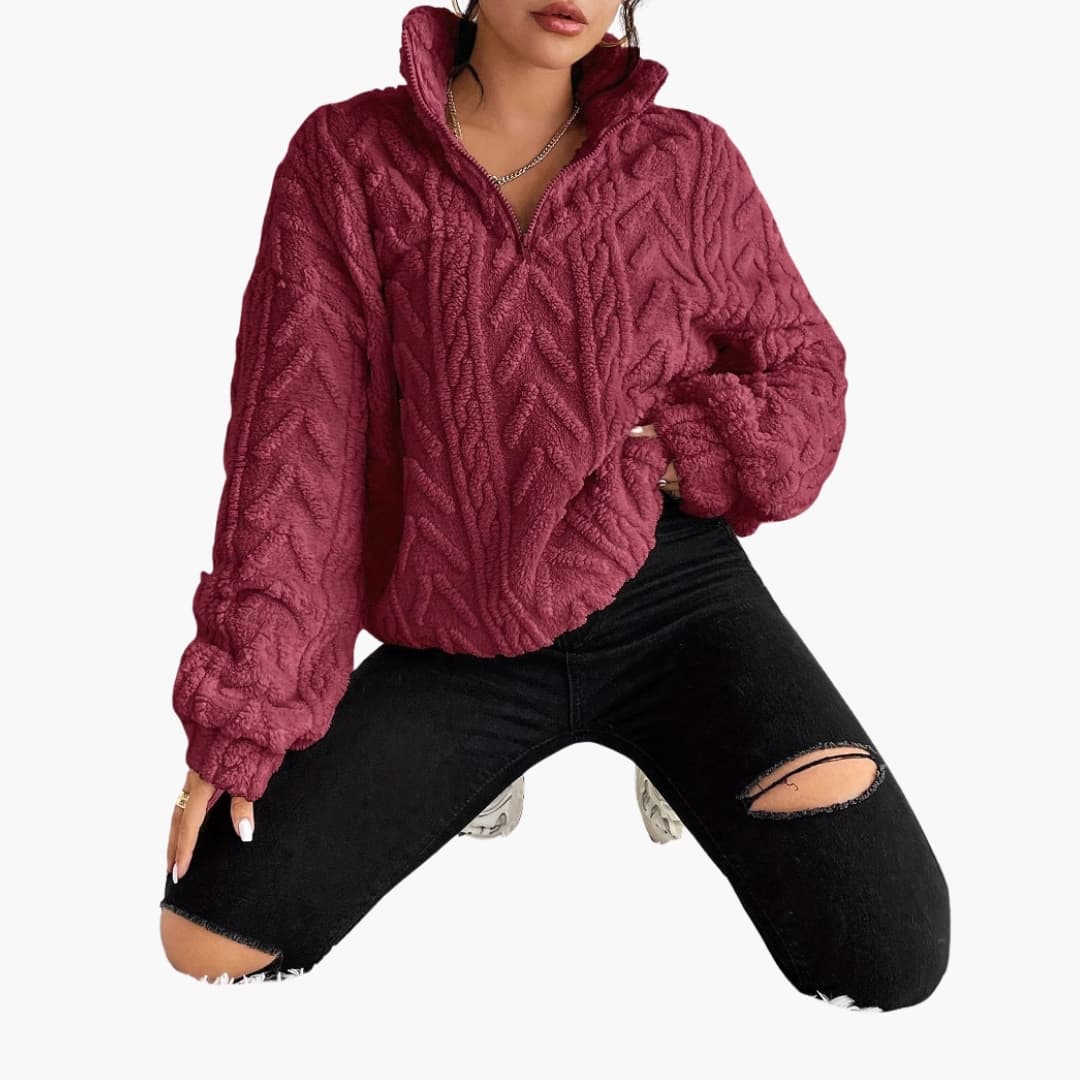 Kvinnors Fleece Tröja med Halv Zip och Kabelmönster 8