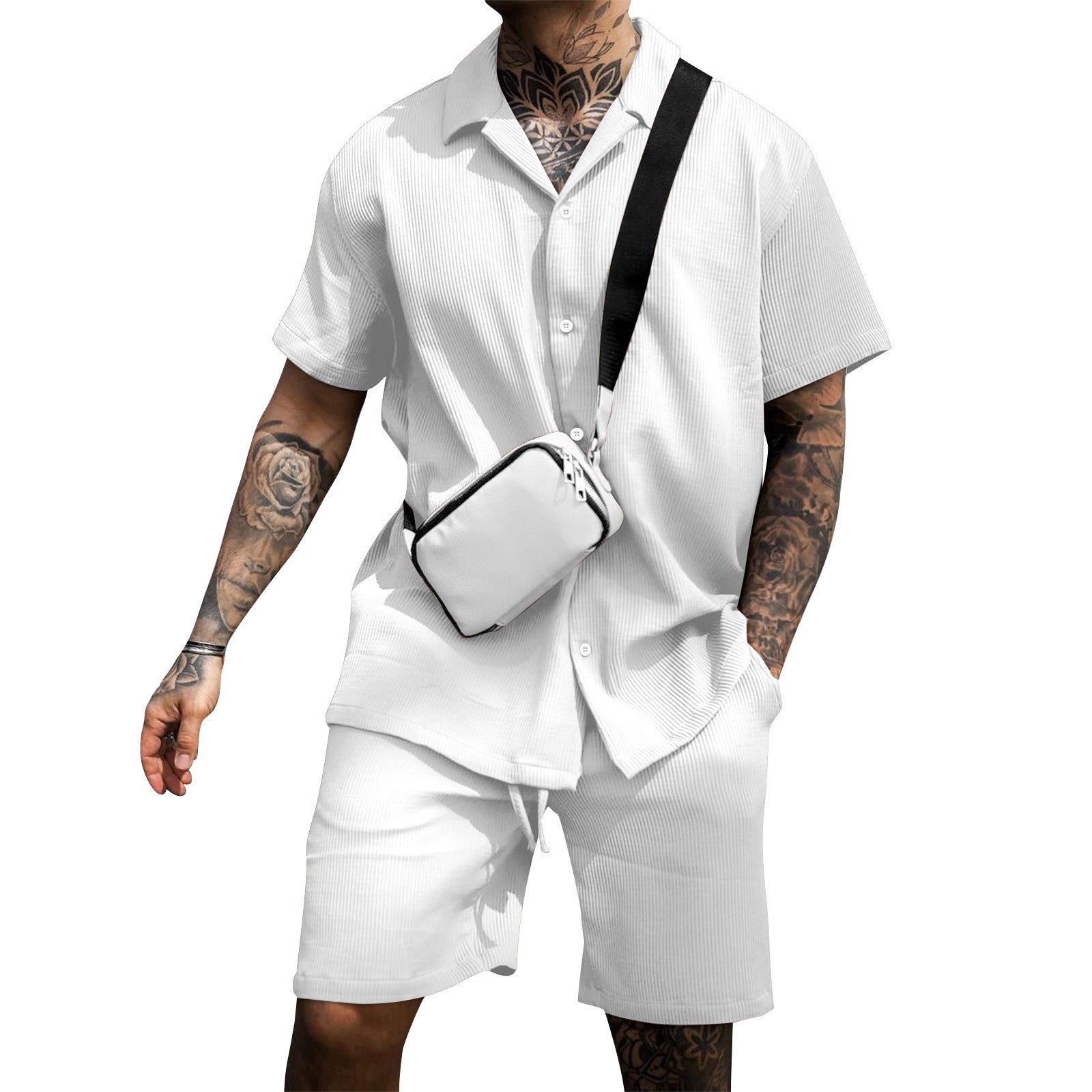 Mäns Bomull Kortärmad Skjorta och Shorts Set