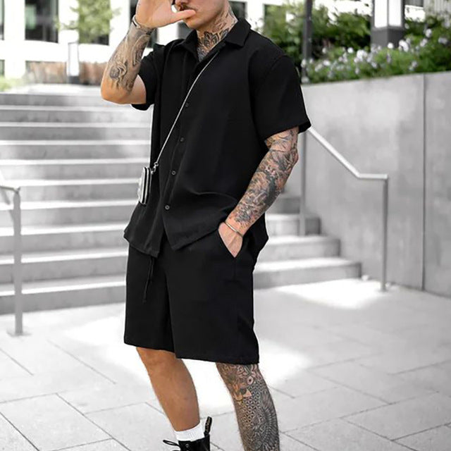 Mäns Bomull Kortärmad Skjorta och Shorts Set