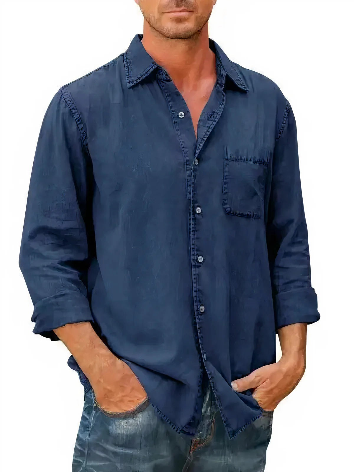 Mäns Långärmad Denimskjorta med Klassisk Stil