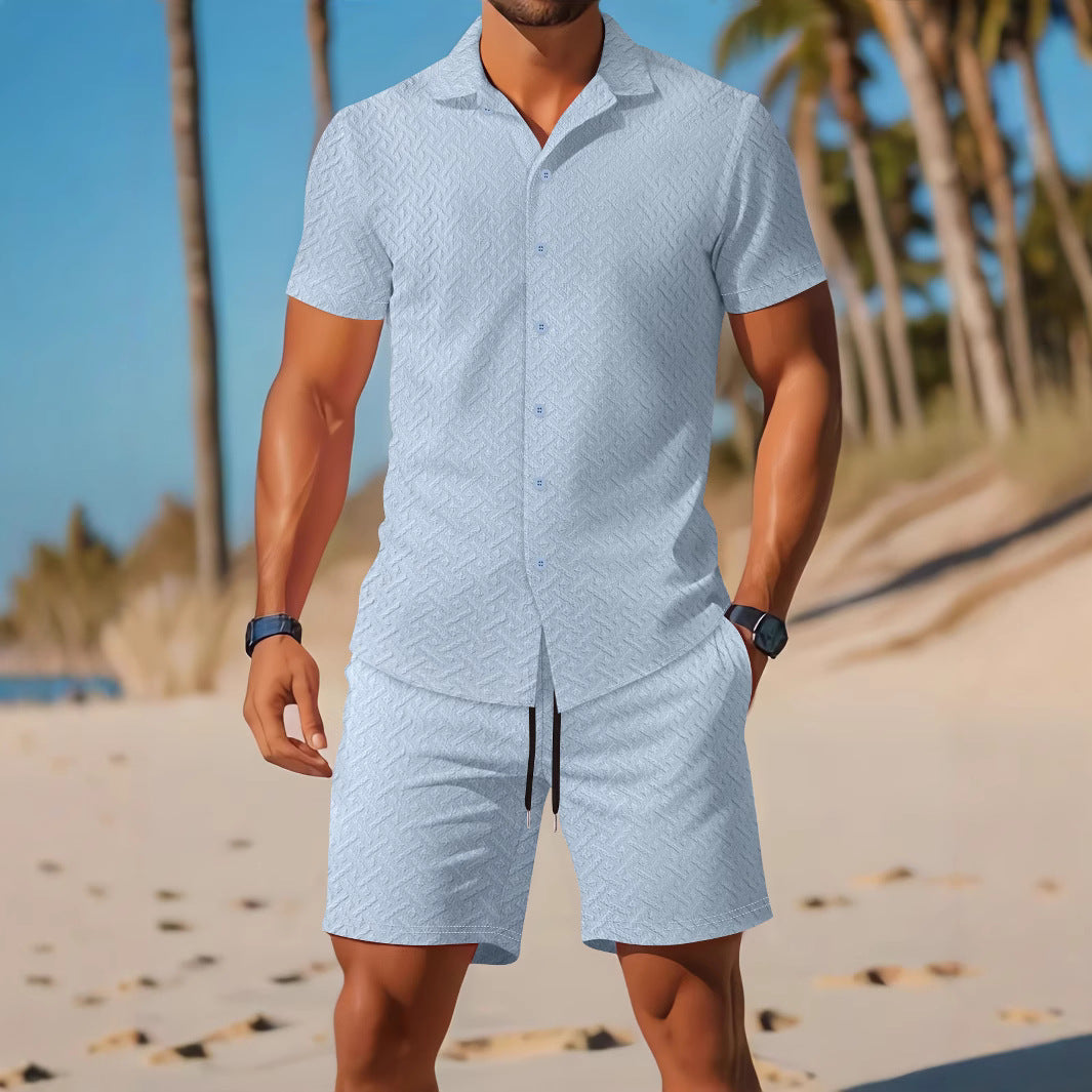 Mäns Slim Fit Skjorta och Shorts Sats i Lätt Tyg