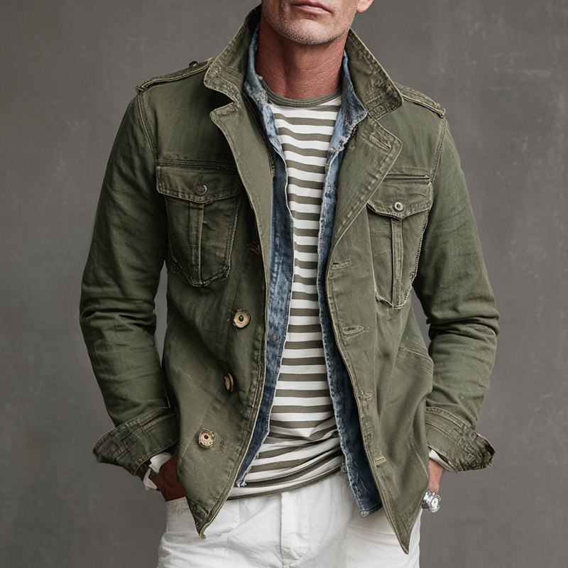 Mäns Militärstil Multi-Pocket Jacka med Vintage-Känsla 0