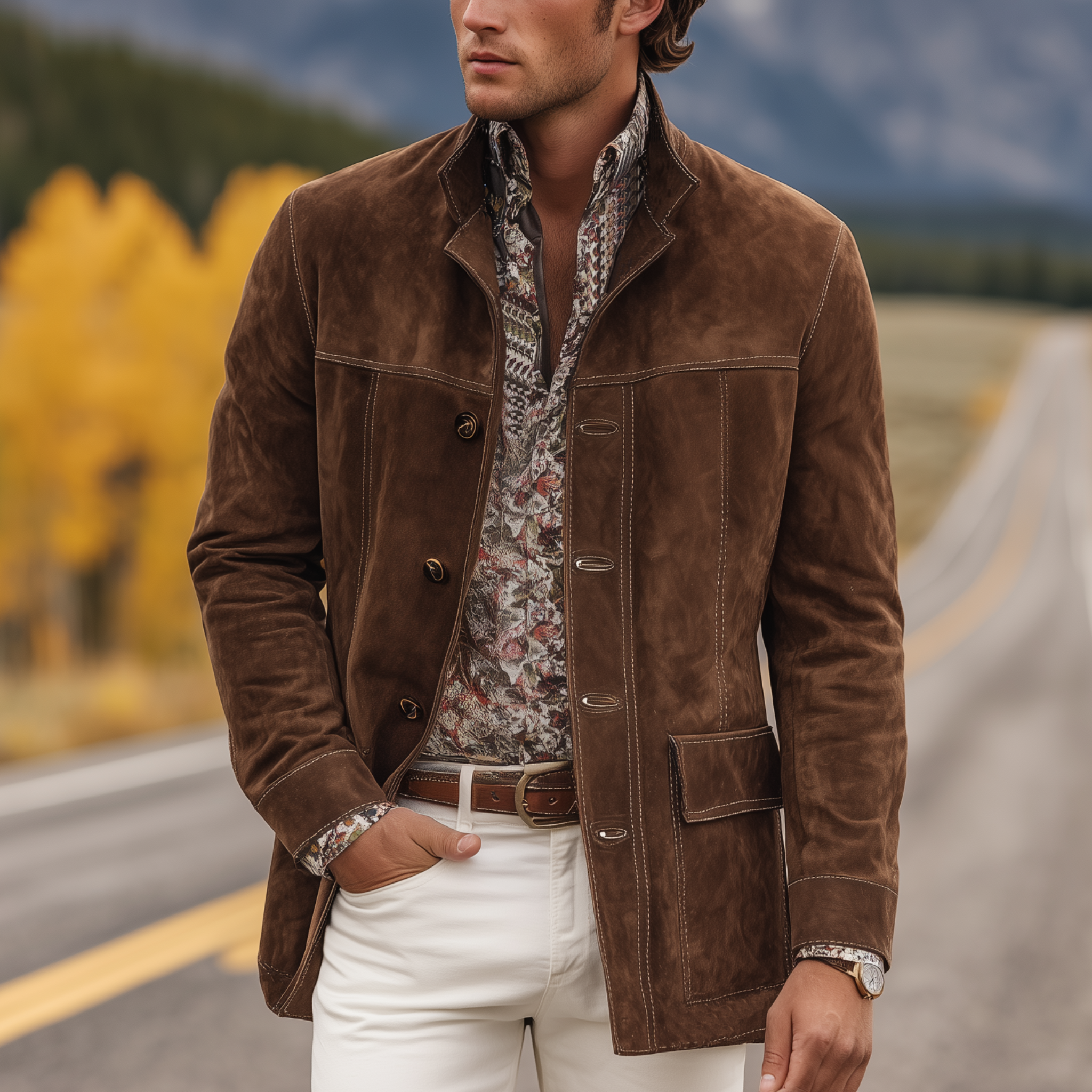 Mäns Mocka Jacka med Lapel och Tuff Design 1