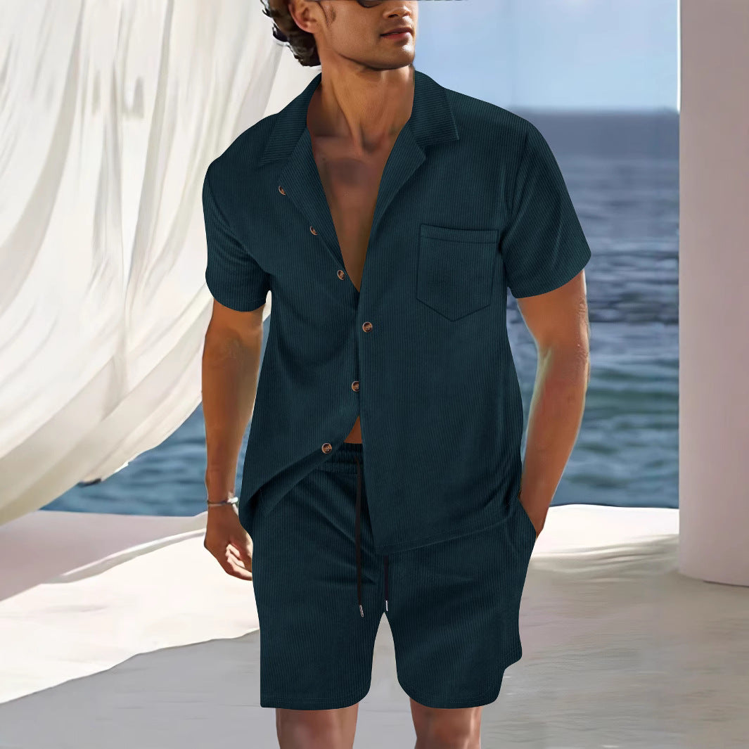 Mäns Bomull Skjorta och Shorts Set-2