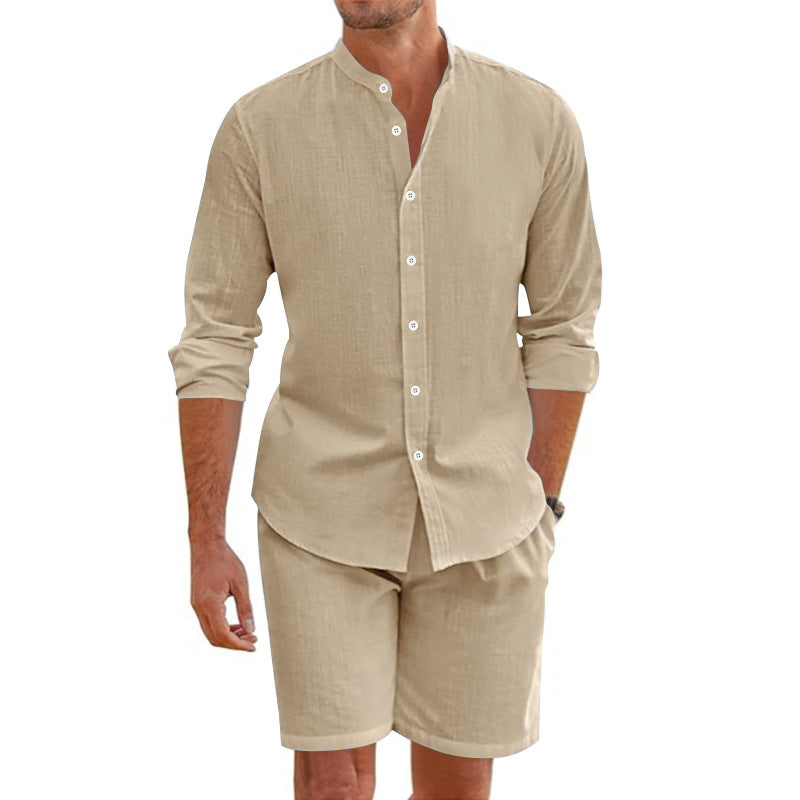 Mäns Linneblandning Tvådelad Uppsättning med Skjorta och Shorts-2