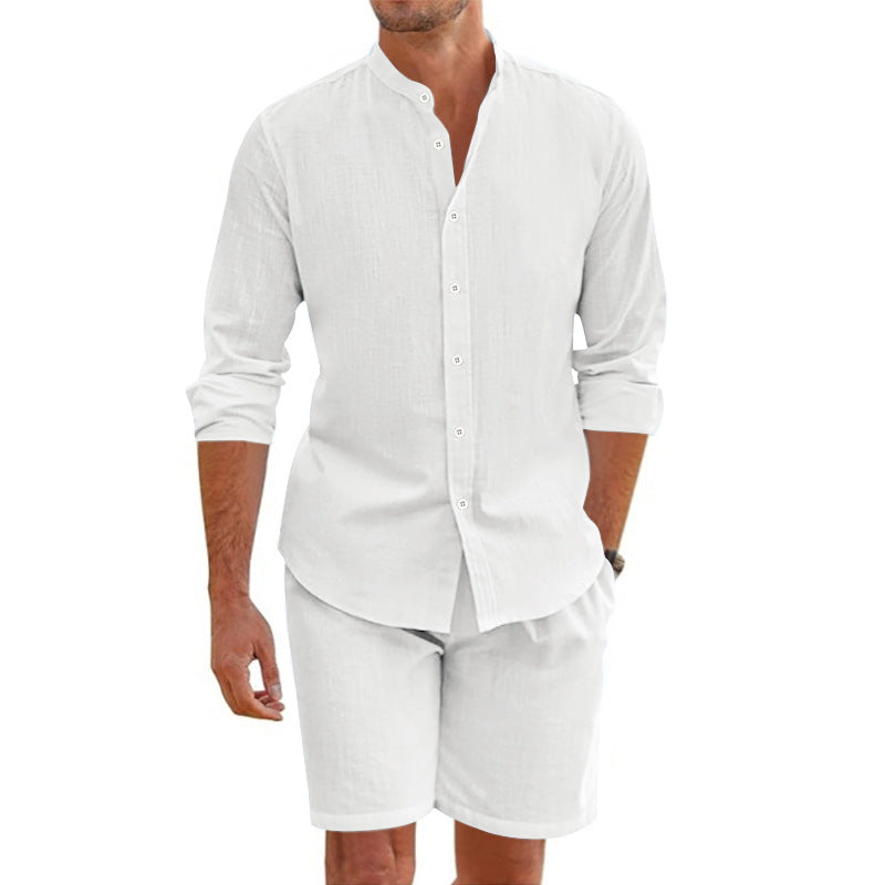 Mäns Linneblandning Tvådelad Uppsättning med Skjorta och Shorts-1
