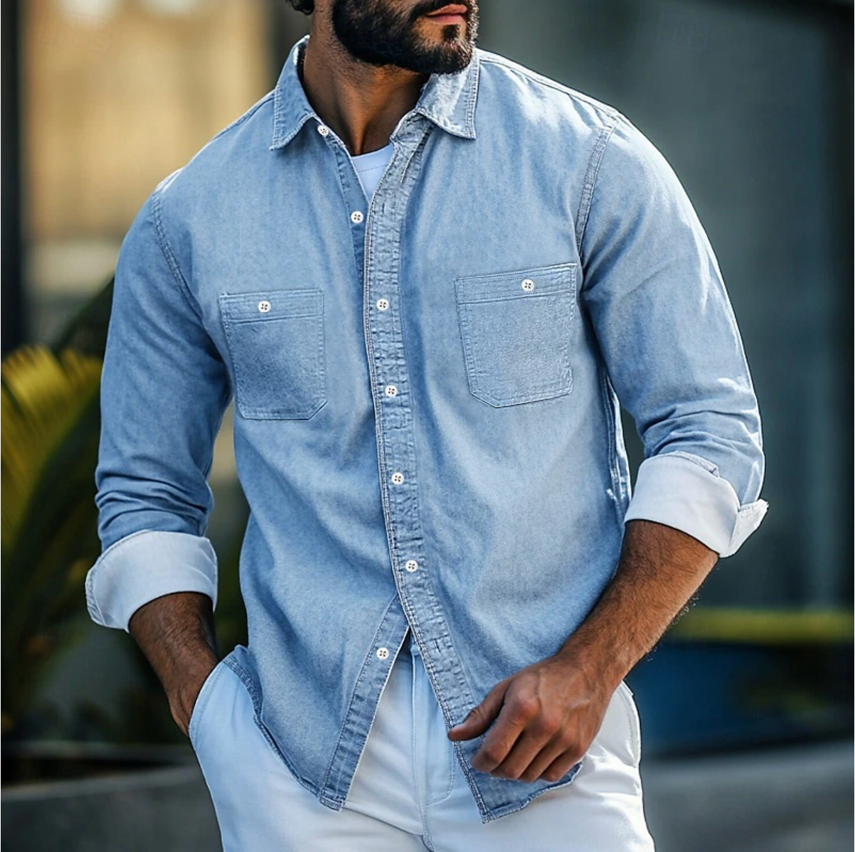 Herrskjorta Denim 100% Bomull Regular Fit-4
