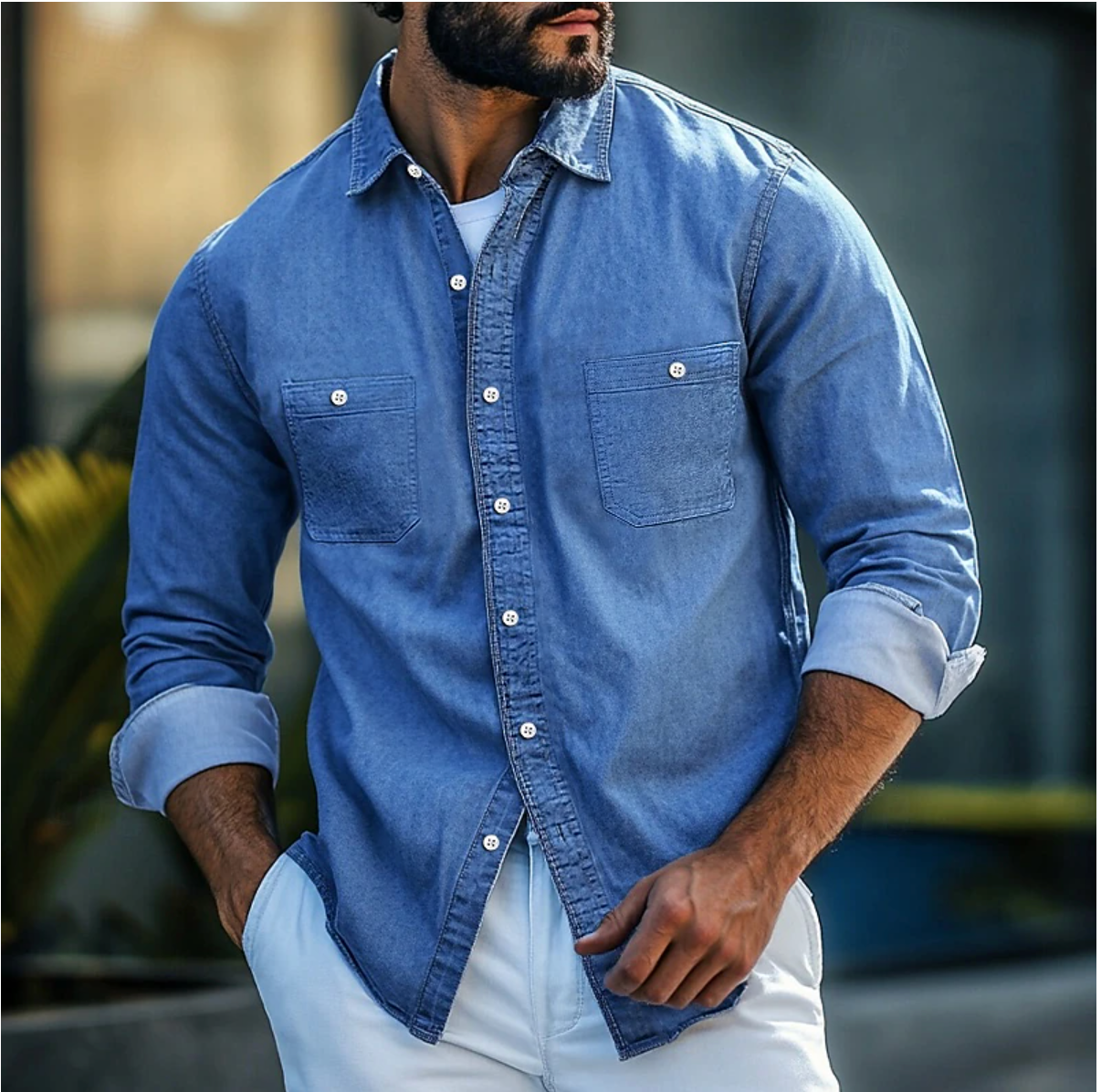 Herrskjorta Denim 100% Bomull Regular Fit-1