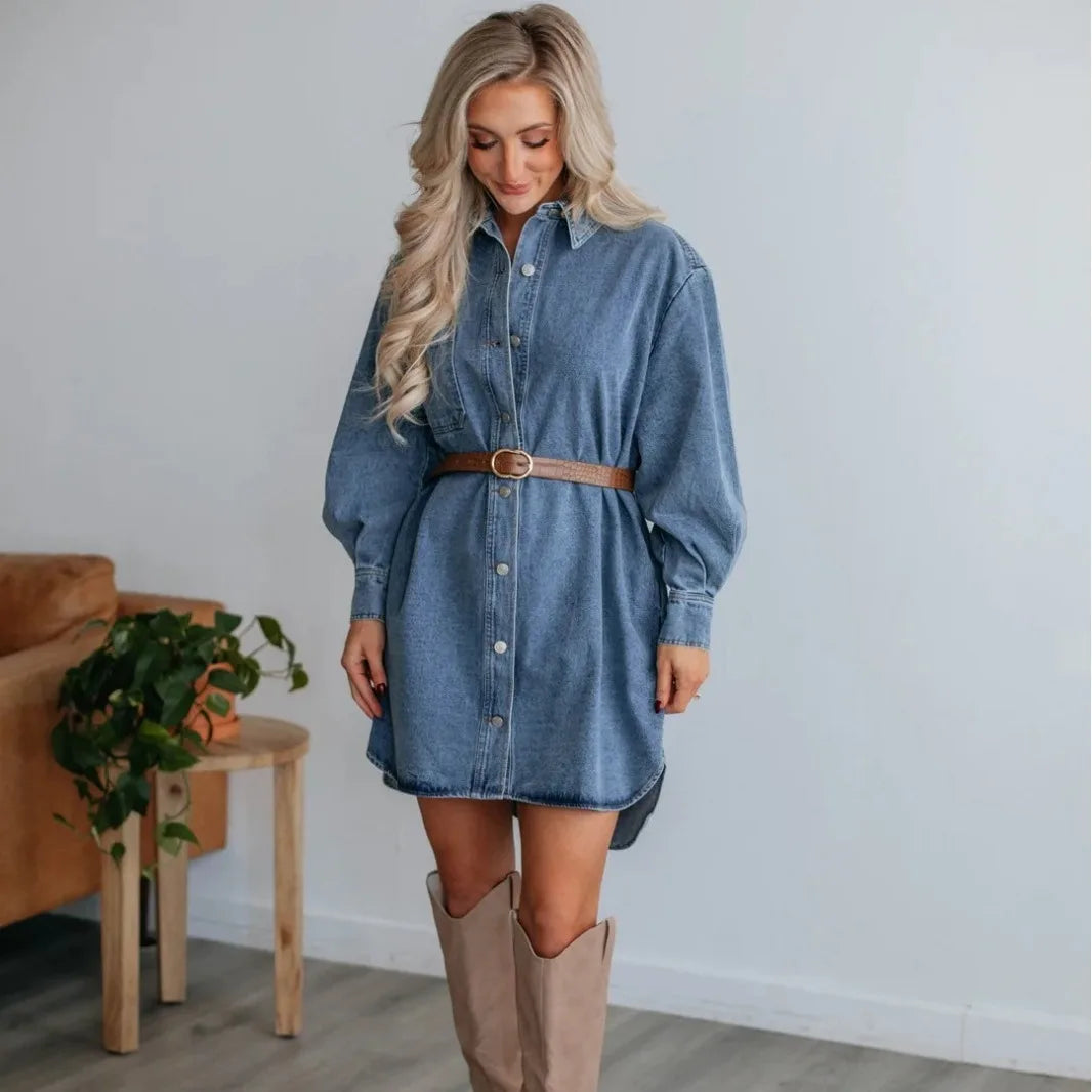 Skjortklänning Dam Denim Lång Ärmar
