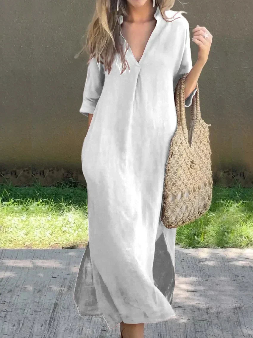 Variant image for Dam Linneklänning V-ringning Elegant Sommarklänning-5