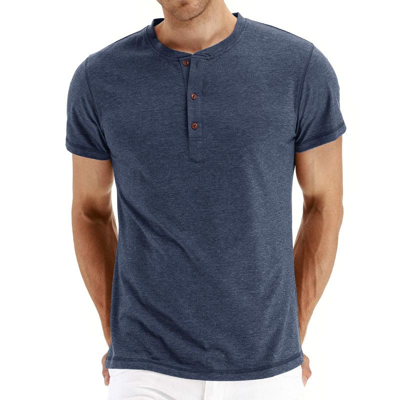 Herr T-shirt Bomull Henley Kort Ärming-1